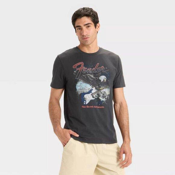 Men's S, XL, XXL Eagle & Fender Strat Guitar Dark Gray Tee Crewneck T-Shirt - Picture 5 of 5